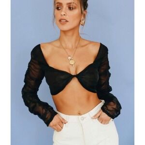 Lioness Crop Top Womens XXS Black Sheer Mesh Twisted Ruched Long Sleeve